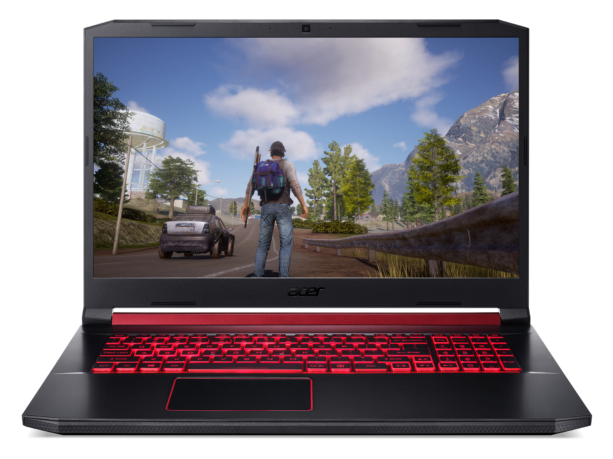 Una laptop con una pantalla de juego. Un hombre con un arma está en el juego. El teclado es rojo.