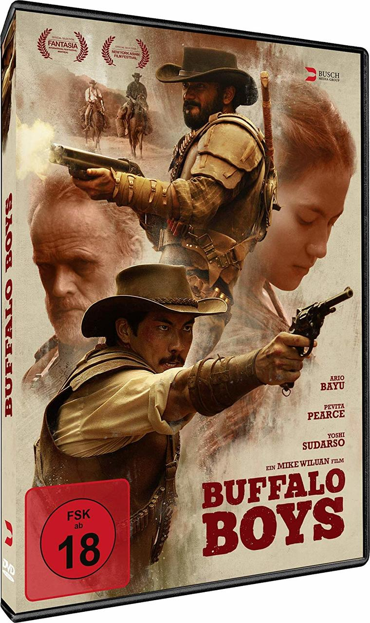 DVD-Hülle für den Film „Buffalo Boys“. Es zeigt Cowboys, Waffen, Pferde und verschiedene Schauspieler.