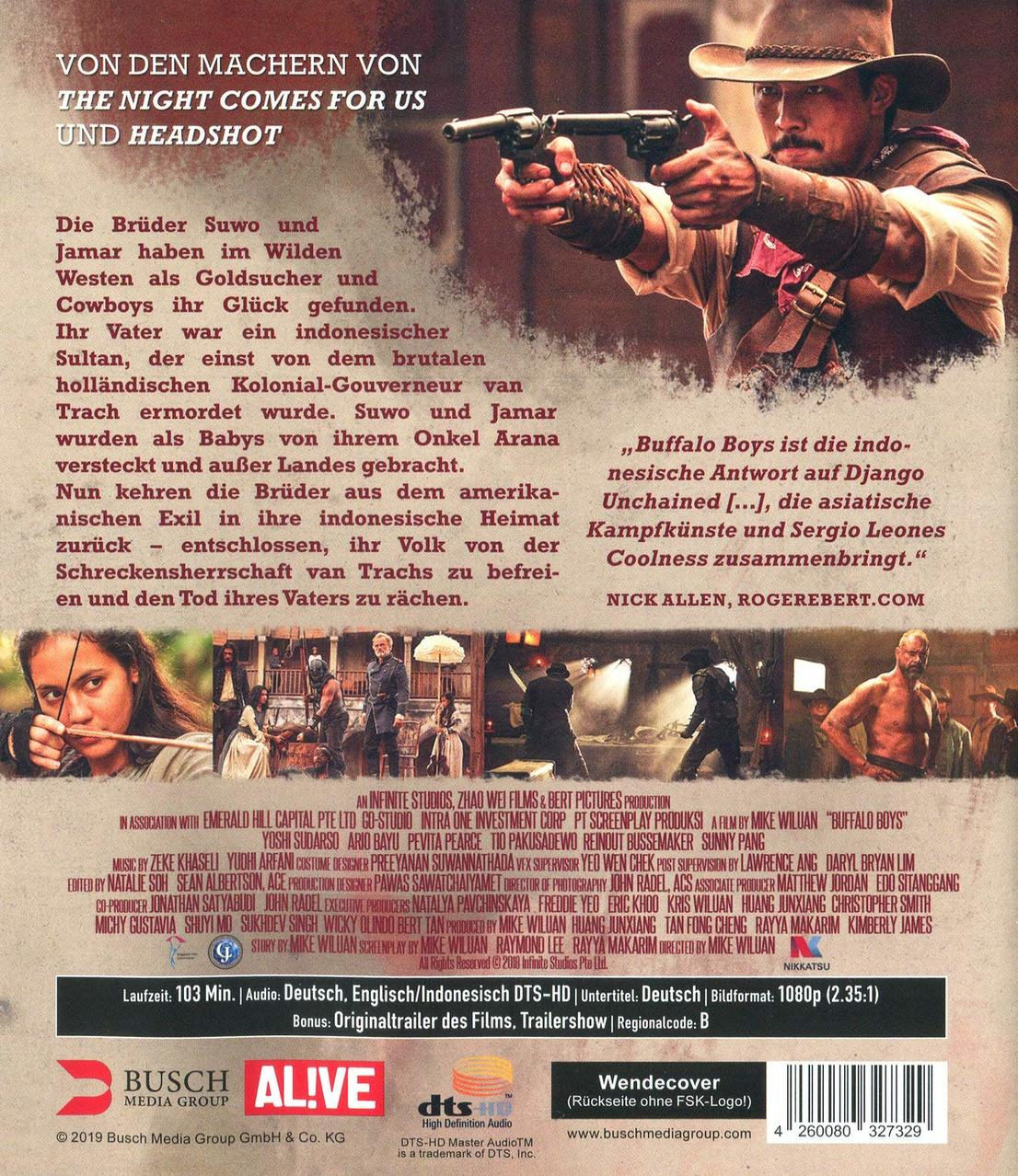 Filmcover, ein Cowboy zielt mit einer Waffe, mit Text in verschiedenen Sprachen und Credits.