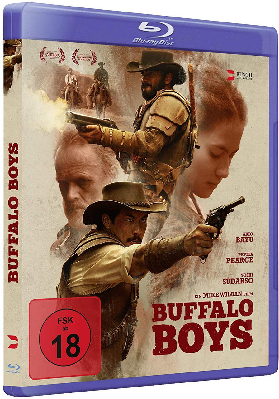 DVD-Cover: Buffalo Boys, mit Cowboys, Waffen und Filmtitel.