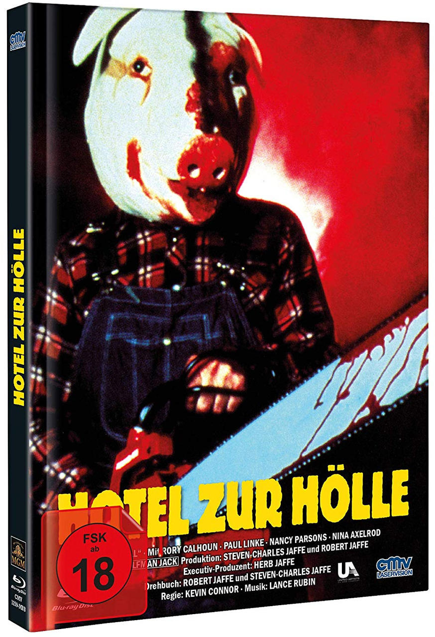 DVD-Cover eines Horrorfilms mit einer Maske mit Schweinegesicht mit Kettensäge.