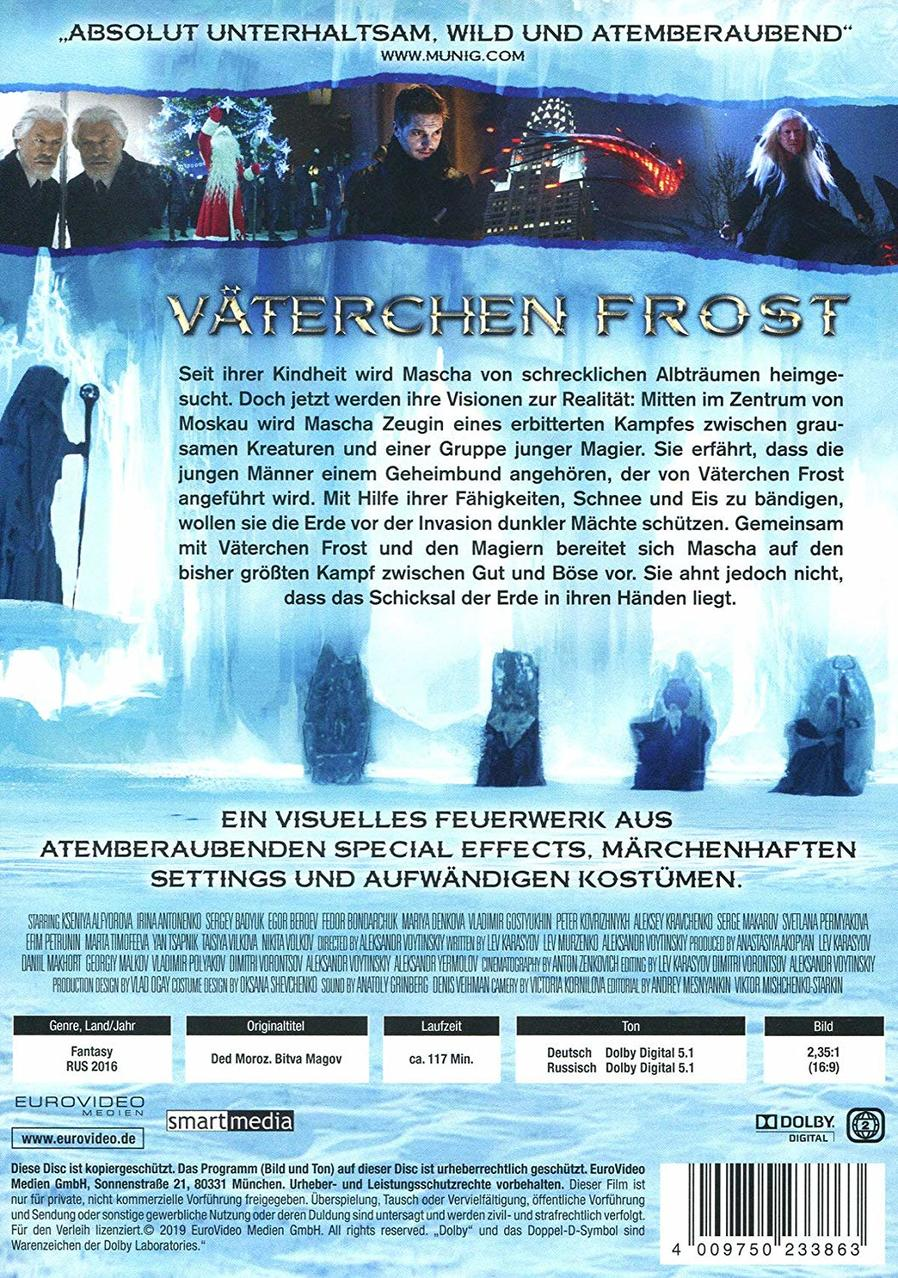 Filmposter mit eisigen Figuren, einer Stadt und einem Mann. Text: Väterchen Frost. Ein Film über Magie und Winter.