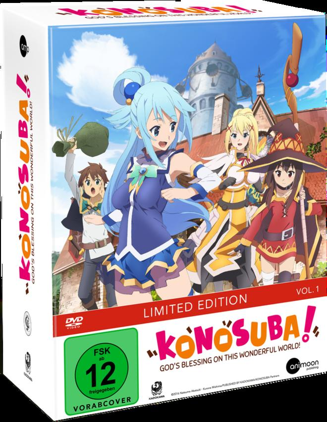 DVD-Box von Konosuba, einem japanischen Anime, mit Charakteren auf dem Cover.