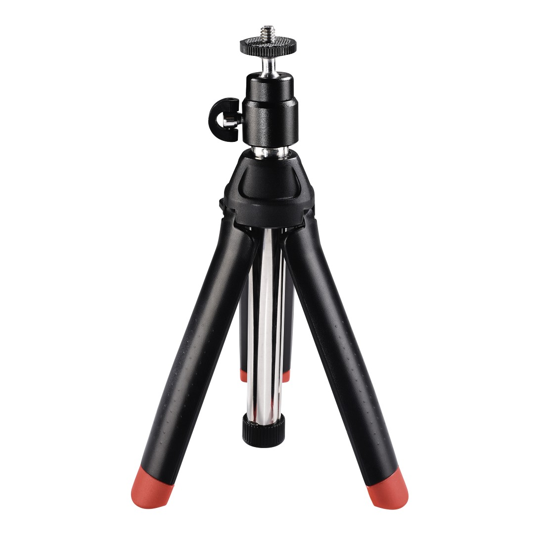 Zwart en rood mini-statief, met verstelbare poten en een bovenop gemonteerde cameraschroef.