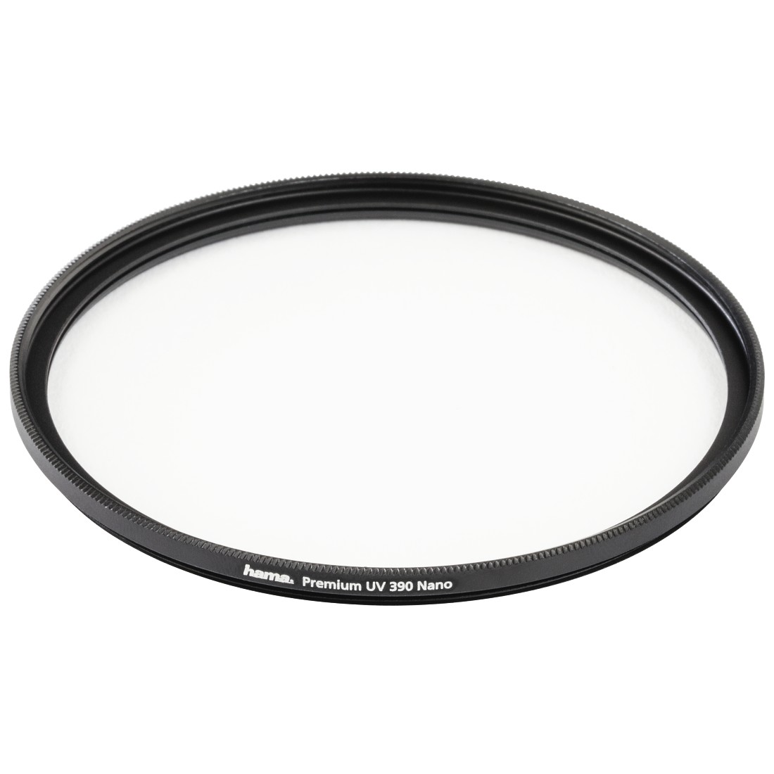A black camera filter with the brand name Hama. It's a clear glass filter.