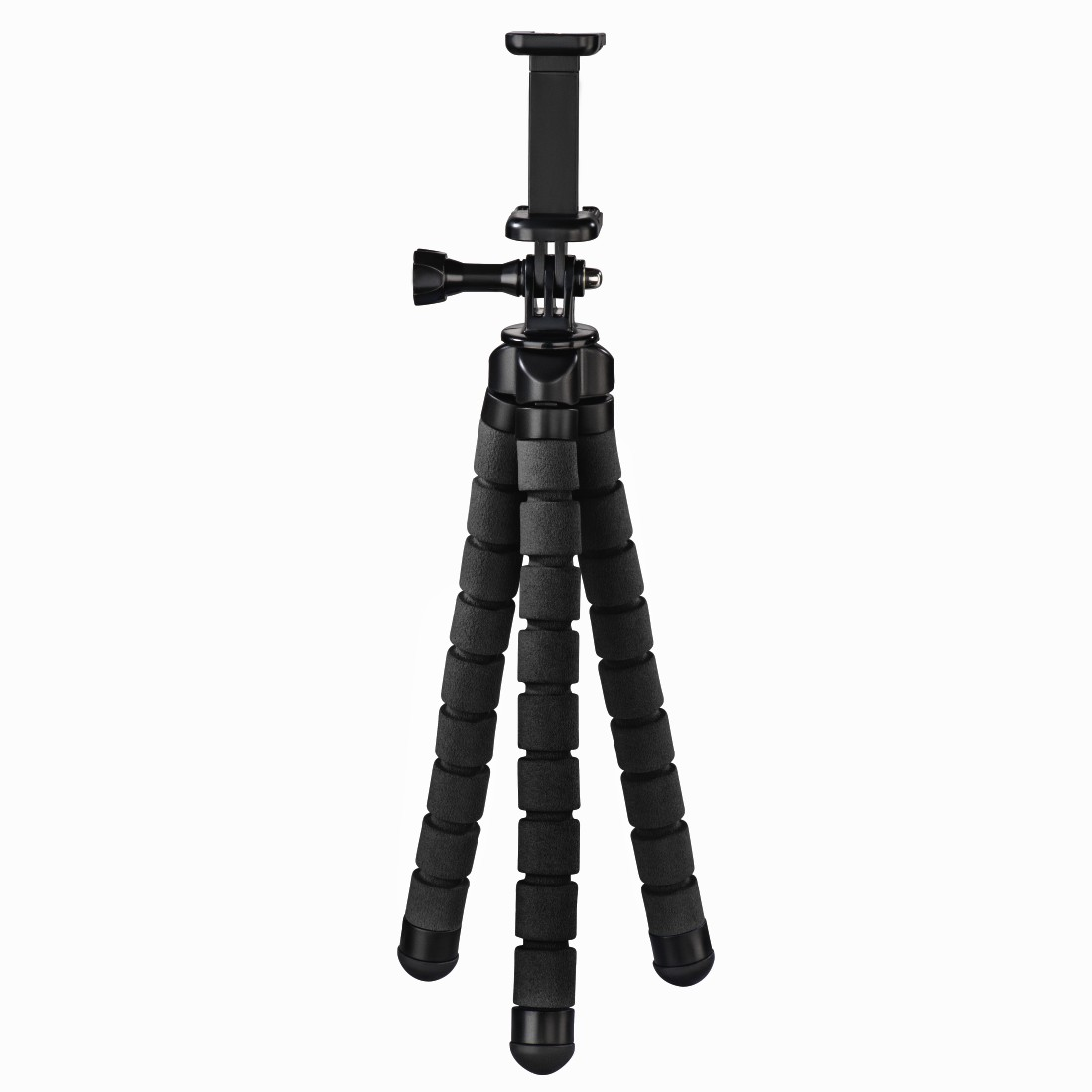 A black tripod with flexible legs, designed for a smartphone or small camera.