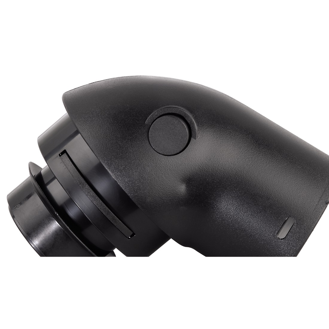 Black plastic elbow connector on a white background.