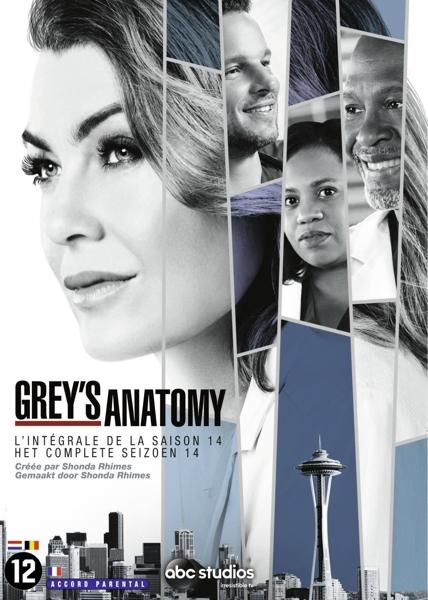 DVD-hoes voor 'Grey's Anatomy', met een compilatie van castleden en de skyline van de stad.