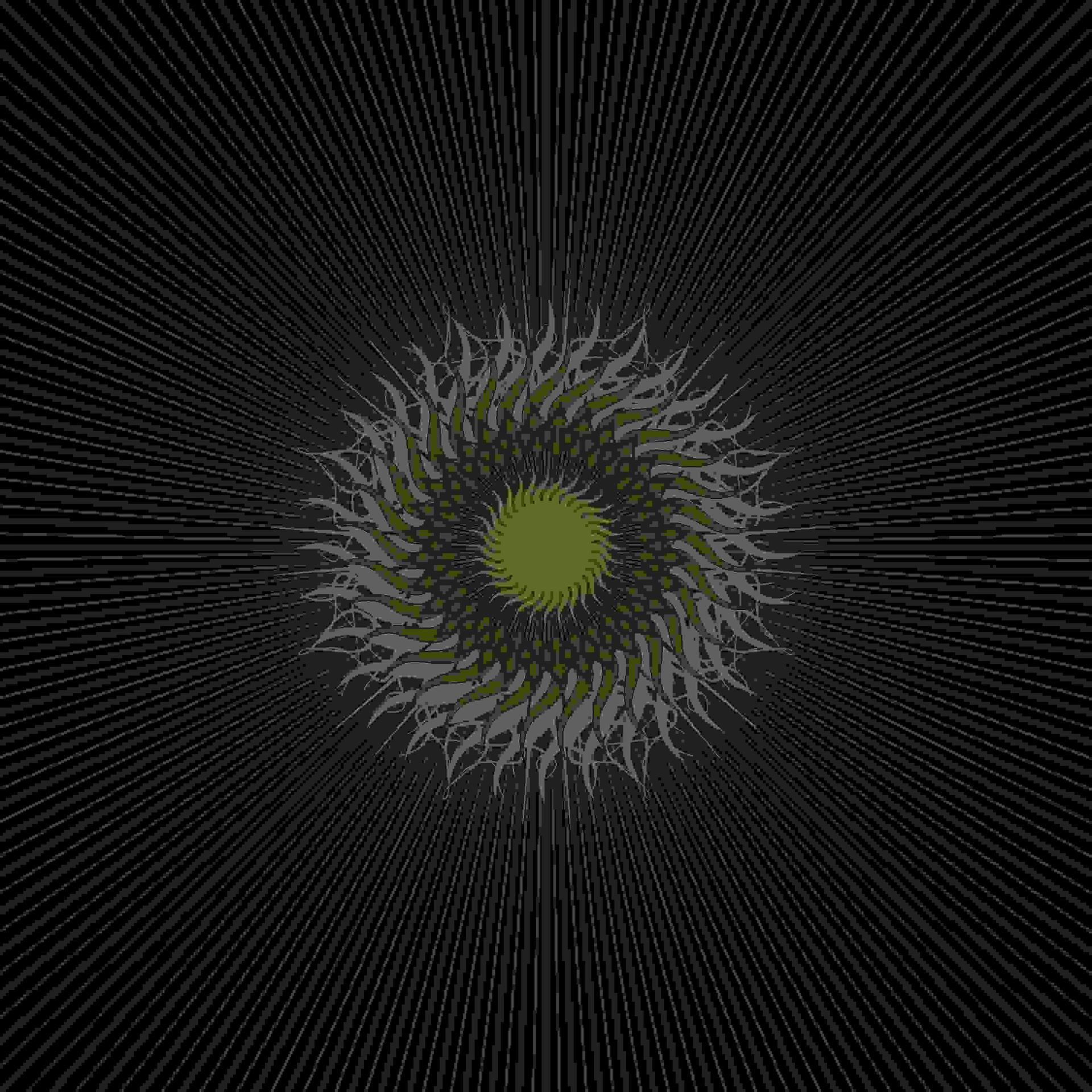 Design abstrait avec un cercle vert central entouré de formes blanches et grises en forme de flamme sur fond noir.