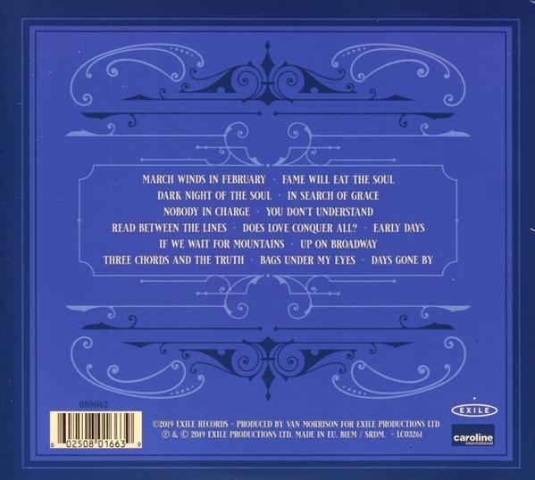 Achterkant van cd-hoesje met tracklists. Blauwe achtergrond met decoratieve elementen. Tekst in wit.