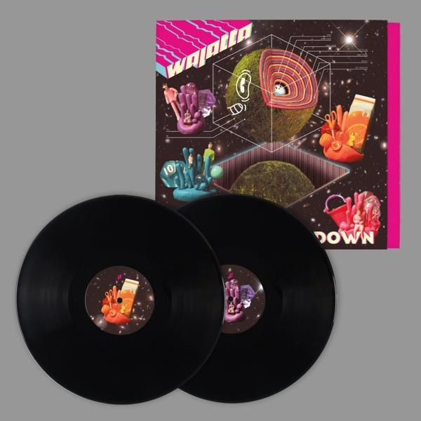 Deux disques vinyles noirs avec une pochette et un fond rose et violet.