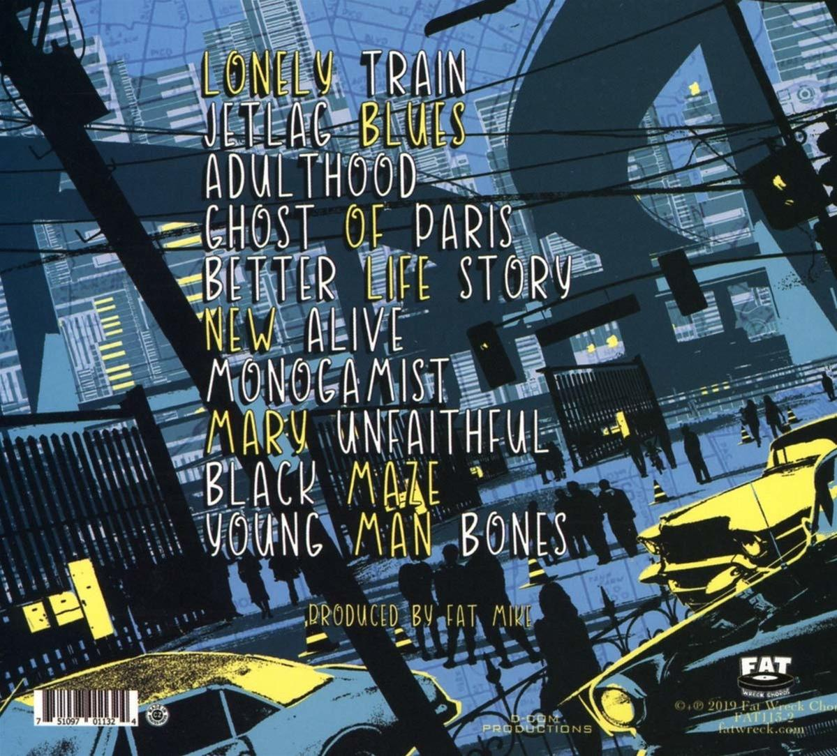 Album-Rückseite mit einer Liste von Songs und Personen. Gelber und blauer Hintergrund. Text: Fat Wreck Chords.