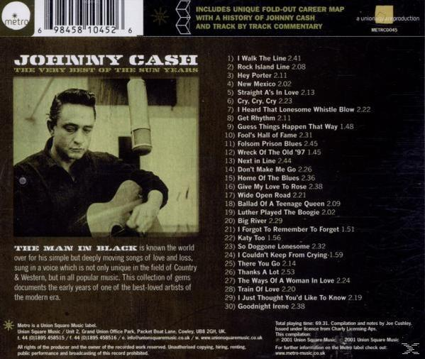 Egy Johnny Cash CD hátlapja. A borítón Johnny Cash látható gitárral.