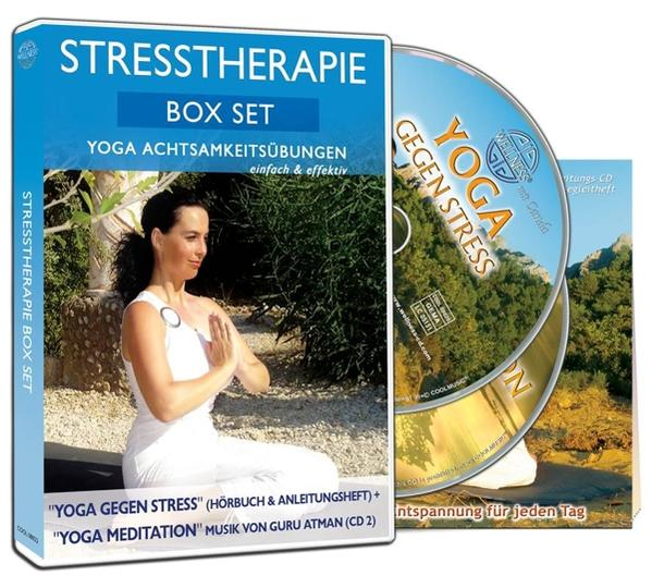 Ein CD-Box-Set mit einem Bild einer Frau in Yogapose und dem Text "Stress Therapy".
