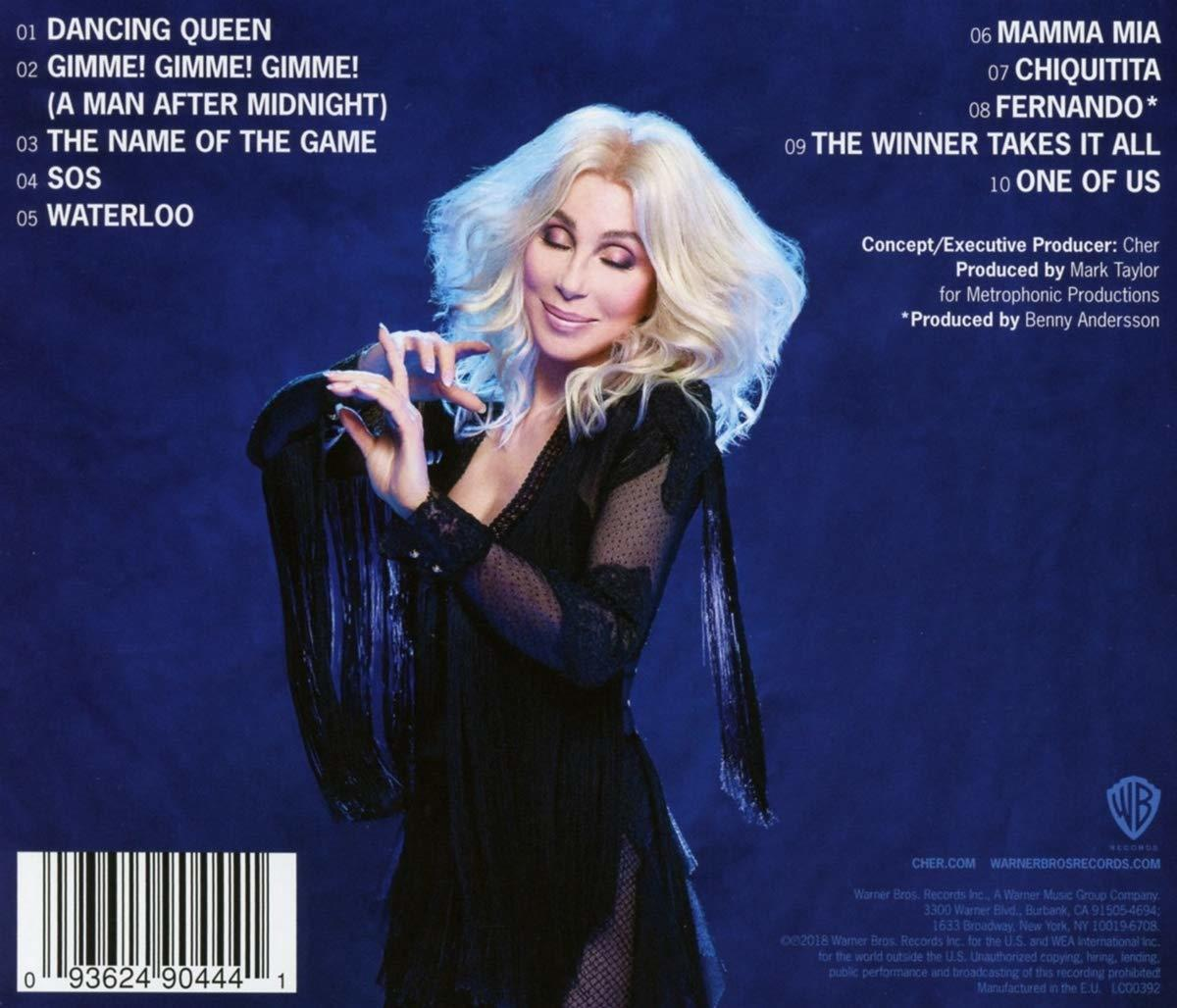 Cher album hátlapja, számlista, stáblista és Cher képe fekete ruhában.