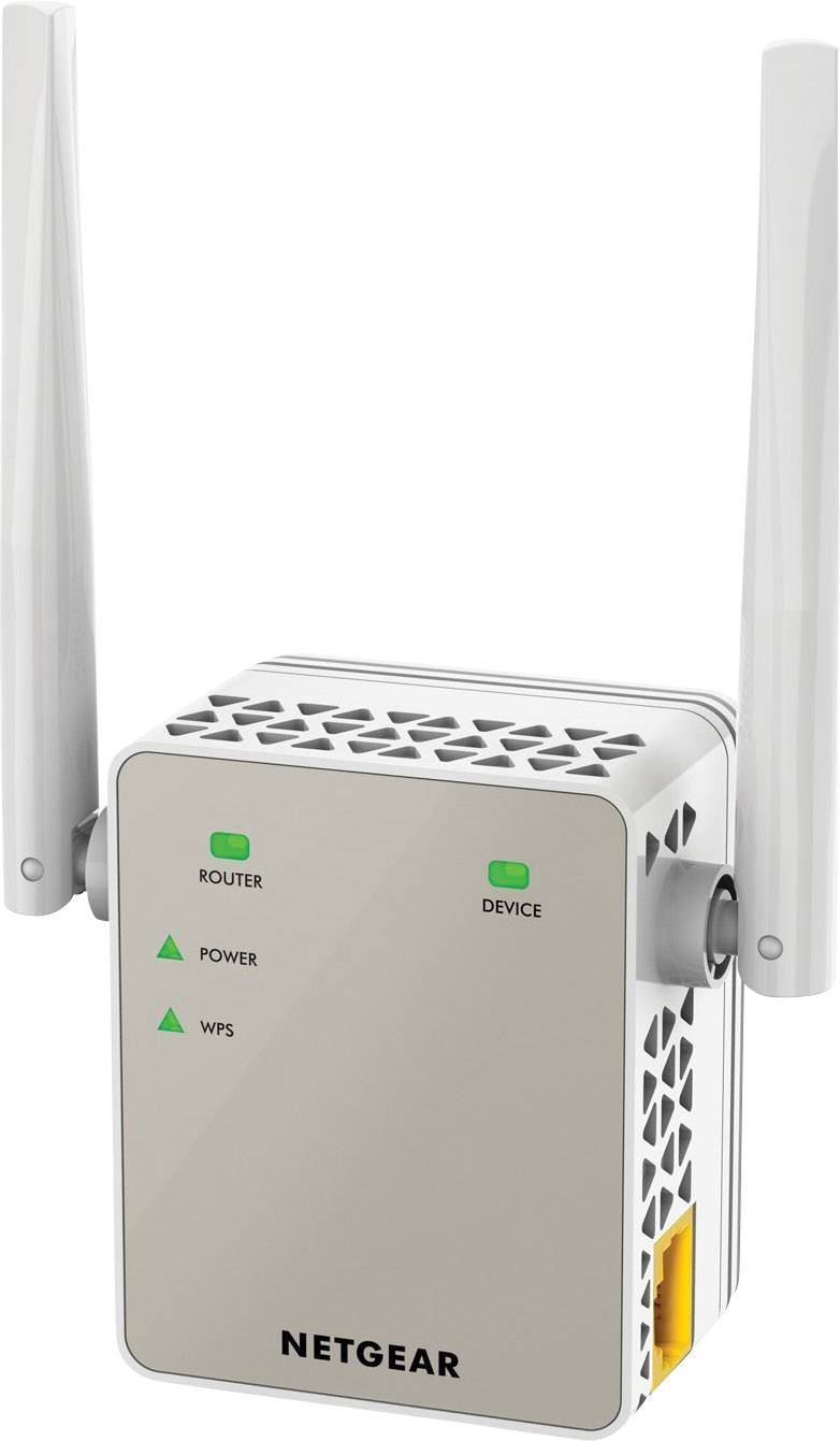 Un répéteur WiFi Netgear blanc avec antennes et lumières vertes sur fond blanc.