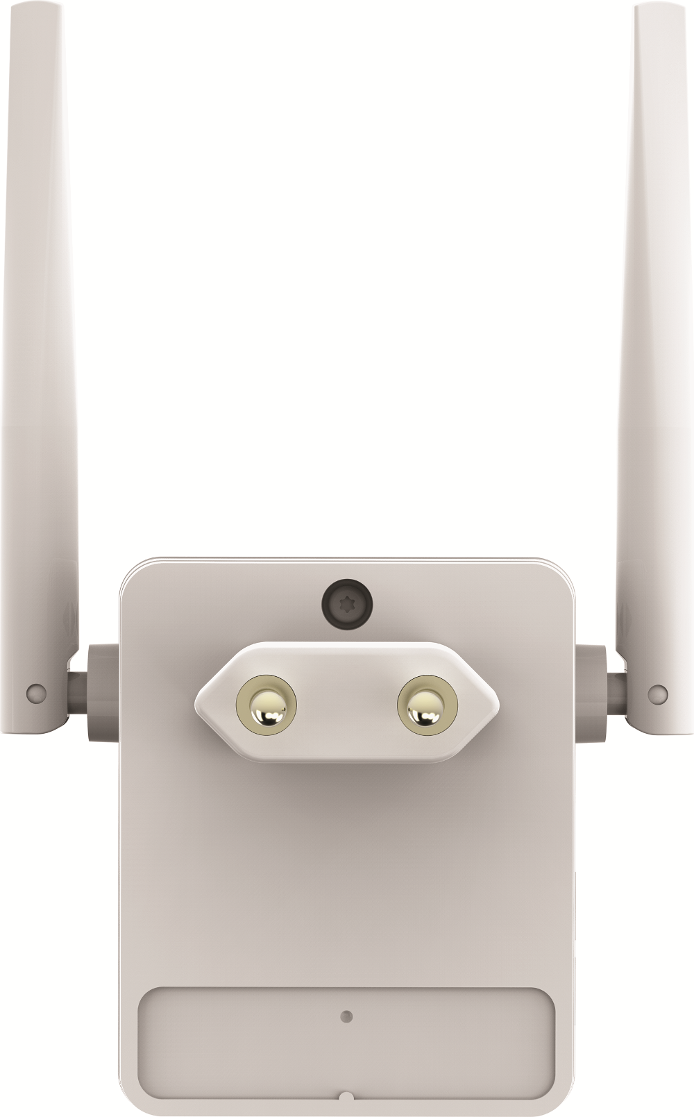 Un amplificateur de réseau blanc avec deux antennes. Comprend des ports et un bouton d'alimentation.