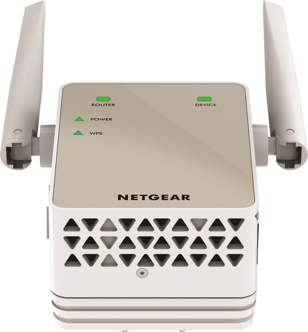 Répéteur WiFi NETGEAR blanc avec deux antennes.