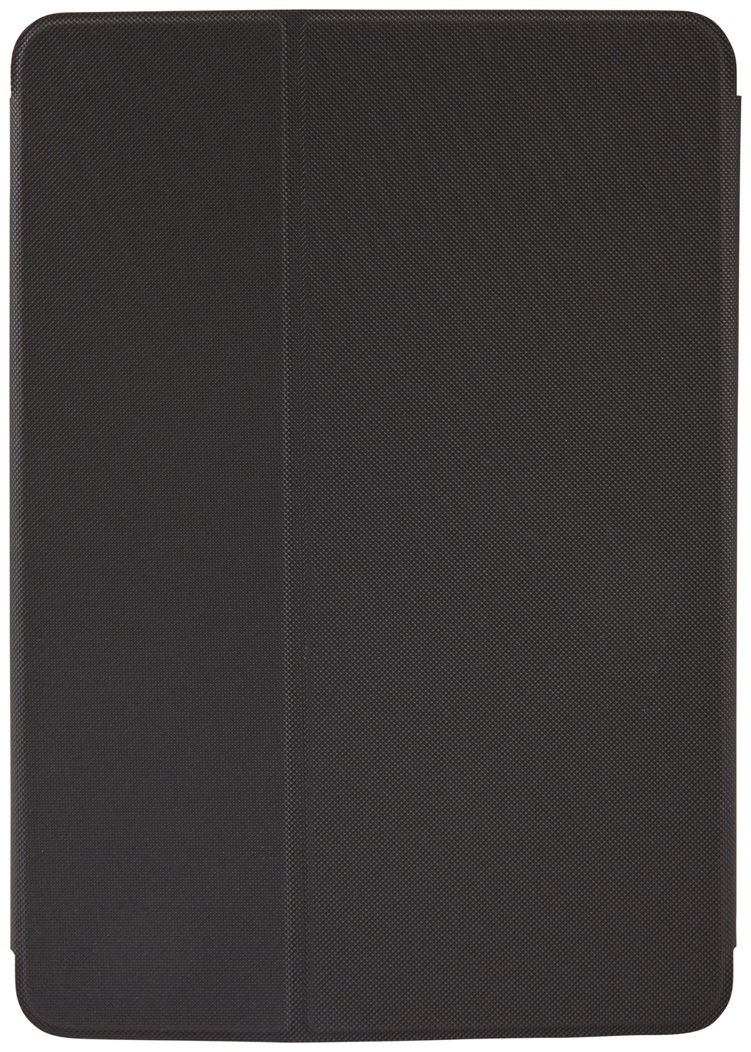 A black tablet case with a textured surface, closed, and viewed from above.