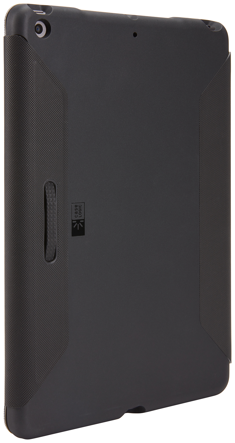 A closed black iPad case with the Case Logic logo and a textured side.