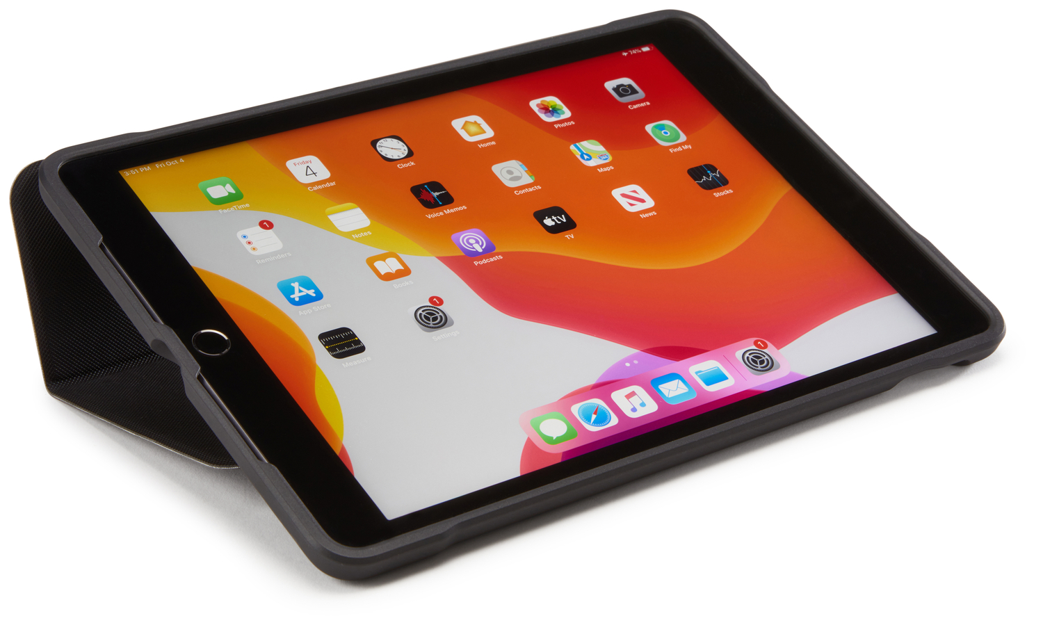 An iPad in a black case is angled. The screen shows app icons against an orange gradient.