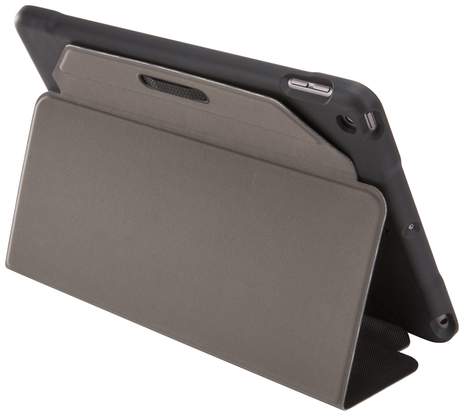 A gray tablet in a case, propped up. The case is folded to form a stand.