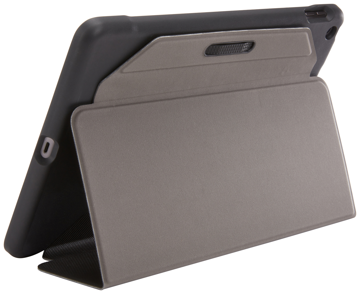Tablet in a case, gray cover open to stand, black tablet side visible, white background.
