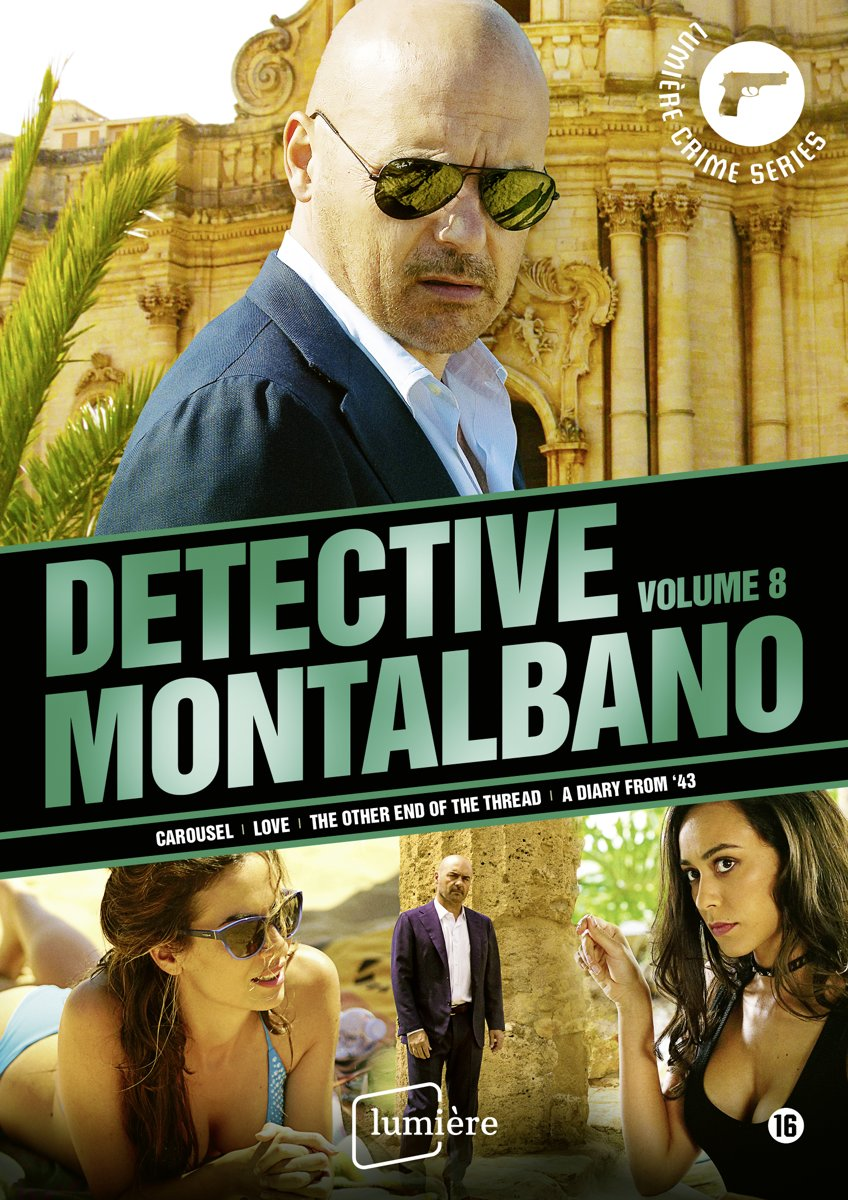 Affiche de film avec un homme portant des lunettes de soleil, titre 'DETECTIVE MONTALBANO'.