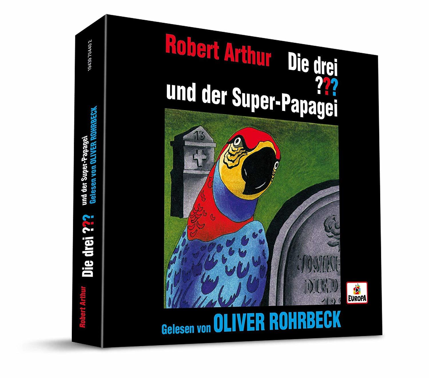 Ein Buchcover mit Papagei und Grabstein. Der Titel ist auf Deutsch, mit dem Namen des Autors.