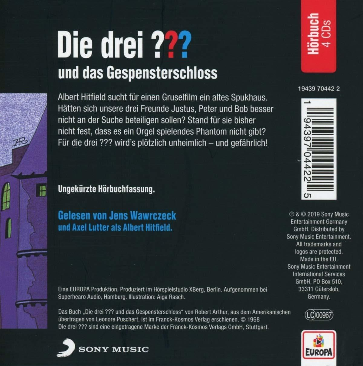 Cover einer deutschen Hörspiel-CD "Die drei ???" mit Text und Cartoon eines gruseligen Hauses.