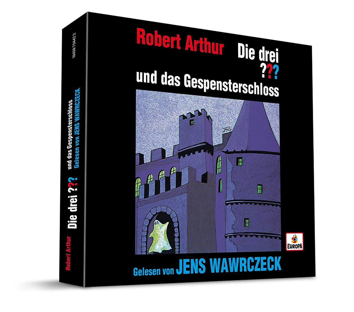 Buchcover von "Die drei ???" mit Burgillustration und Text. Titel ist sichtbar.
