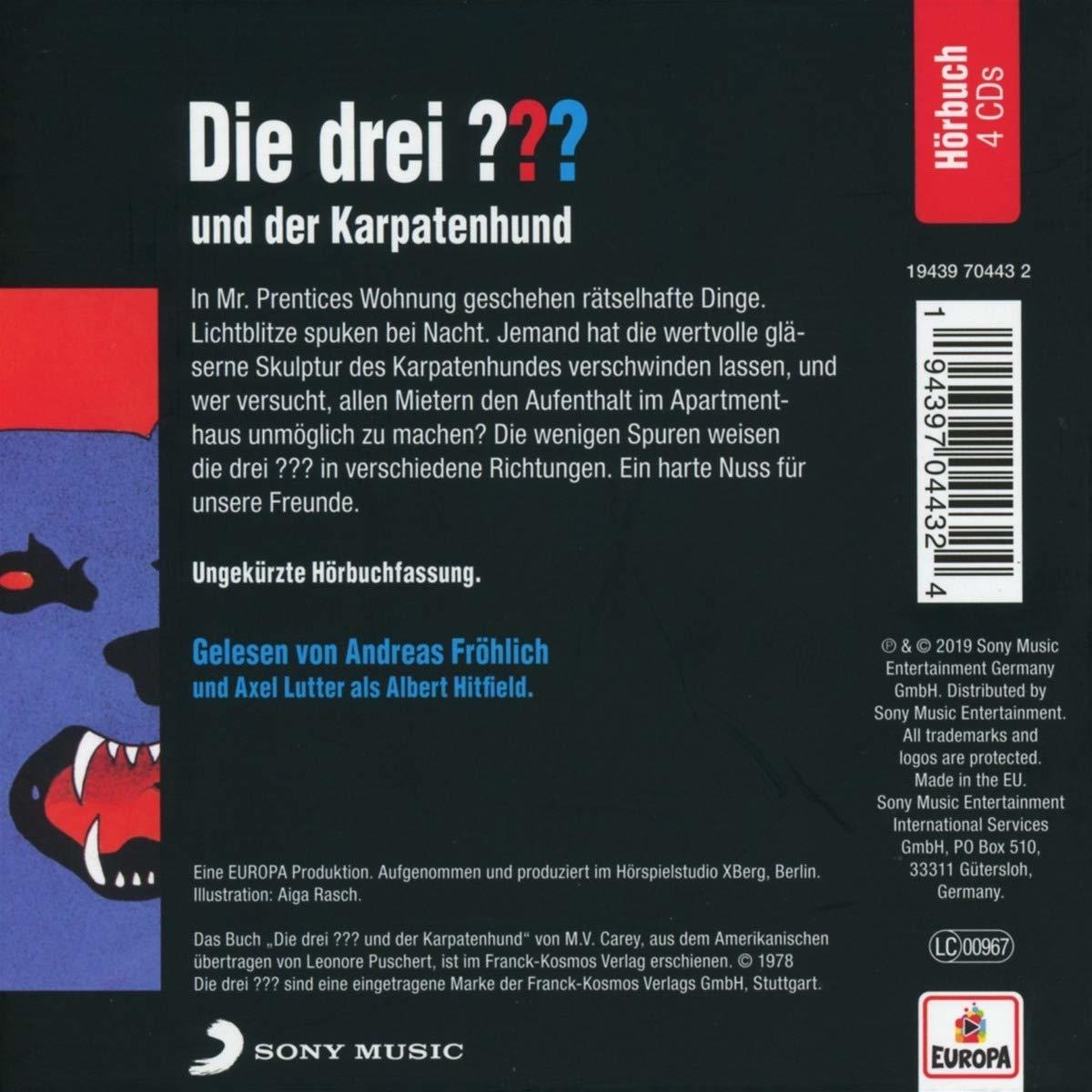 Rückseite einer Die drei ??? Hörbuch-CD. Text und Illustration eines Hundes.