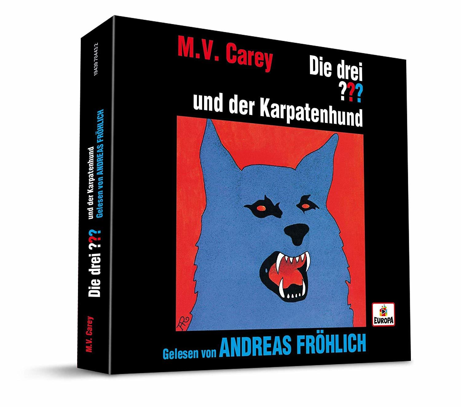 Buchcover: M.V. Carey, Die drei ??? und der Karpatenhund, mit einer blauen Hundeillustration.