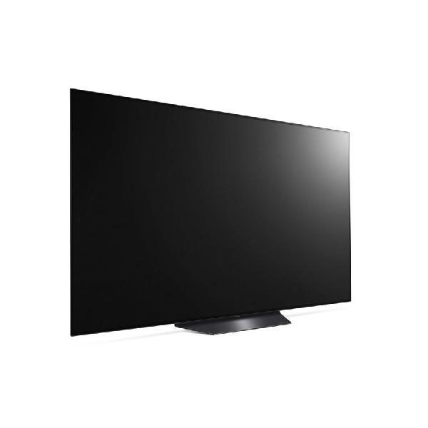 Una pantalla de TV negra sobre un fondo blanco, con una base negra.