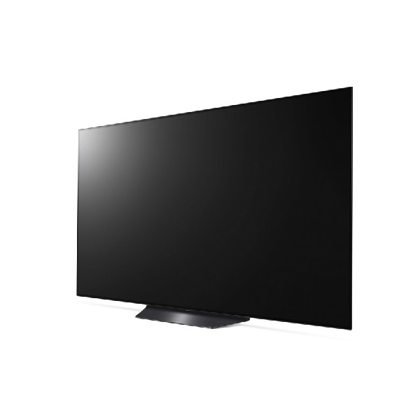 Un televisor de pantalla plana negro y grande. La pantalla está apagada y el soporte es plateado.