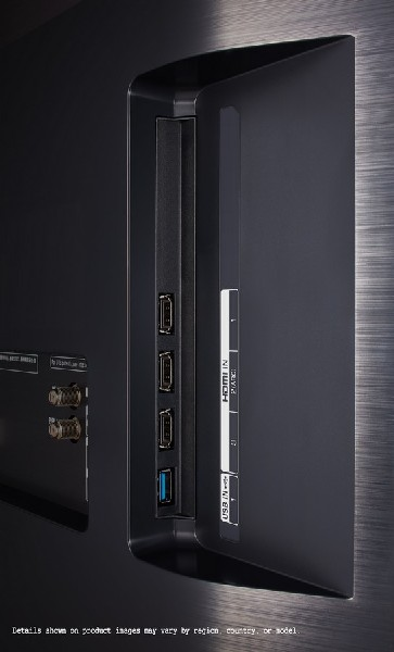 Vista trasera de un televisor negro con puertos, etiquetas HDMI IN, USB IN y patrón metálico.