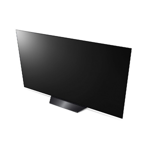 Pantalla de TV negra con soporte negro sobre fondo blanco.