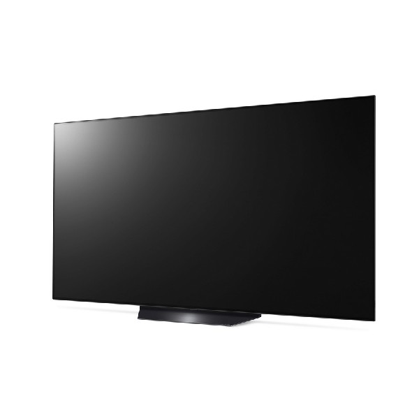Un elegante televisor LG negro está en ángulo contra un fondo blanco. La pantalla está apagada, reflejando la luz.
