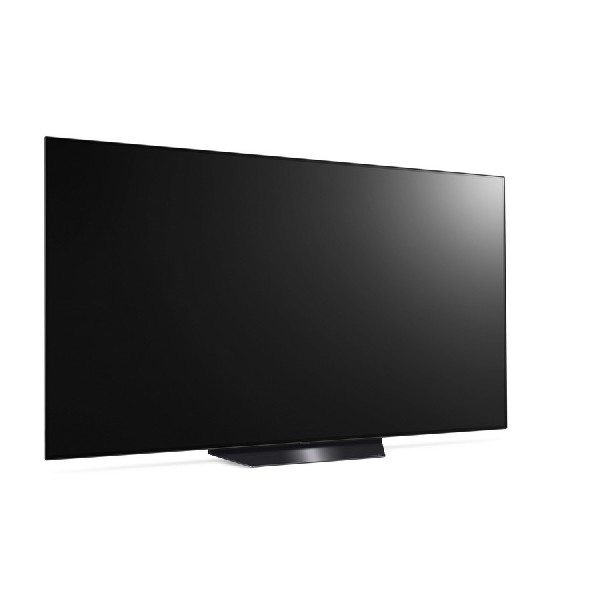 Televisor LG negro sobre fondo blanco. El televisor está apagado. El soporte es negro y está centrado.