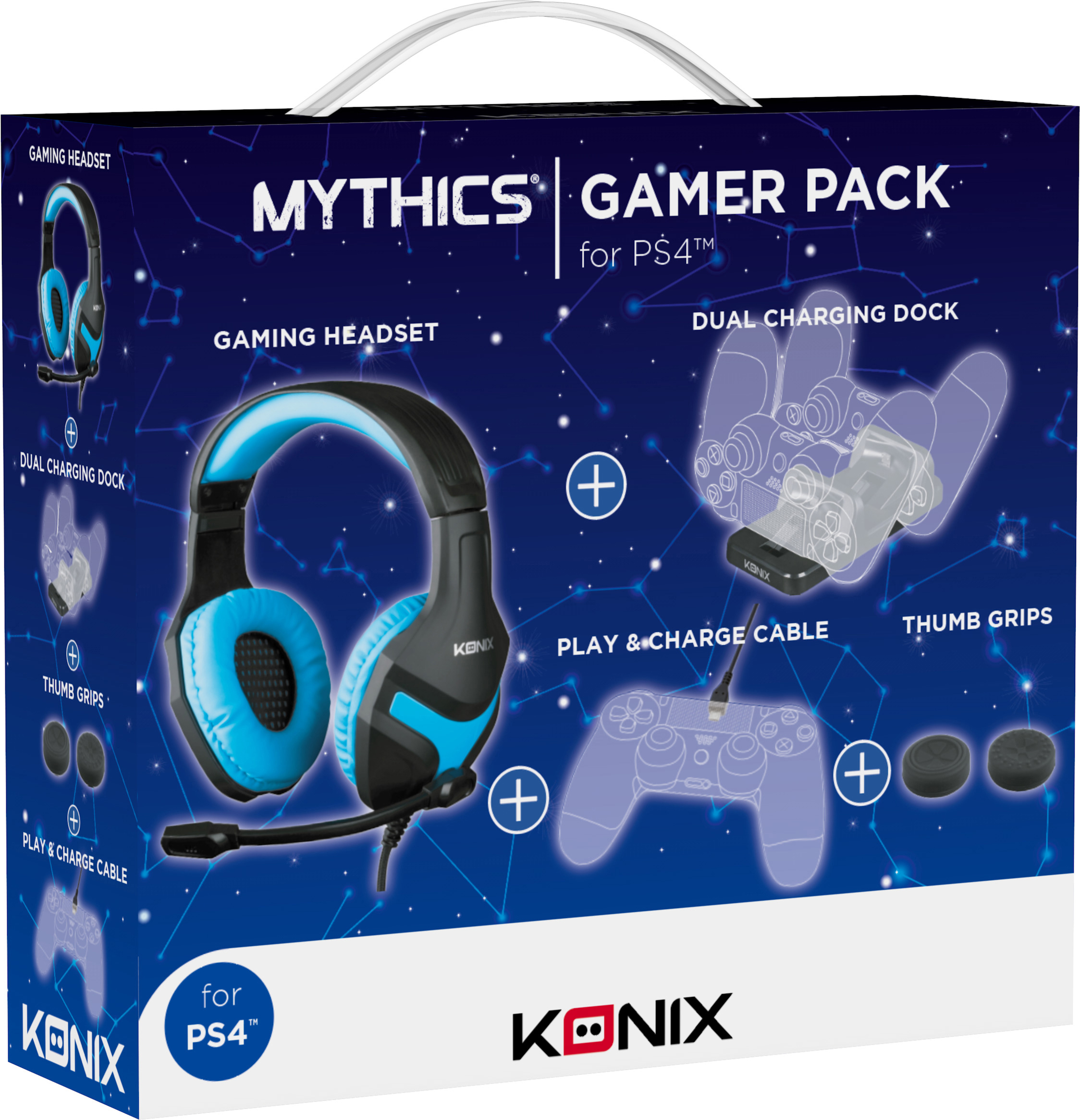 KONIX PS4 Gamer Pack (Headset Gamer Pack , +Charger+Cable+Grips), Schwarz/Blau