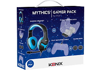 KONIX PS4 Gamer Pack (Headset +Charger+Cable+Grips), Gamer Pack , Schwarz/Blau