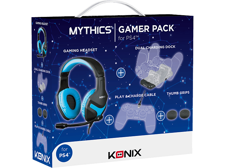 Gamer , Pack KONIX Gamer Schwarz/Blau Pack (Headset +Charger+Cable+Grips), PS4