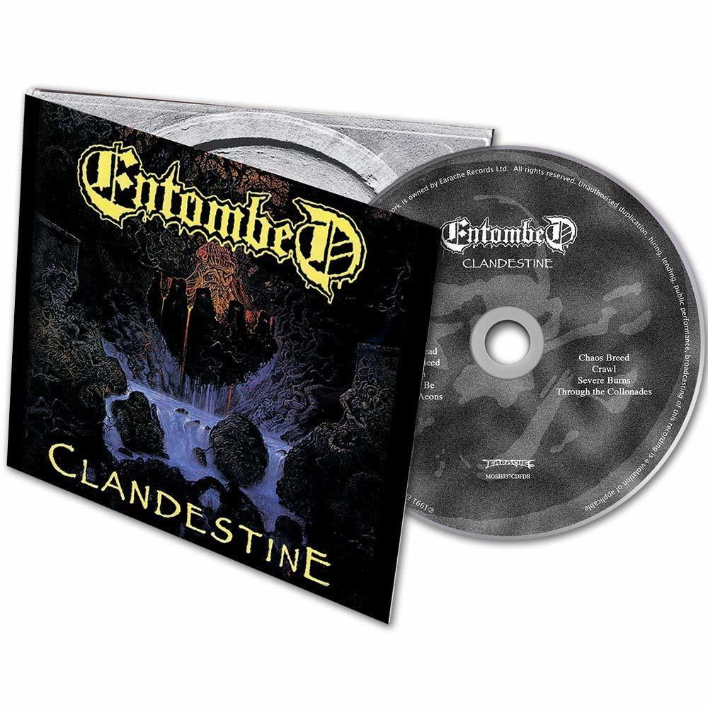 Albumcover und CD der Band Entombed mit dem Schriftzug Clandestine.