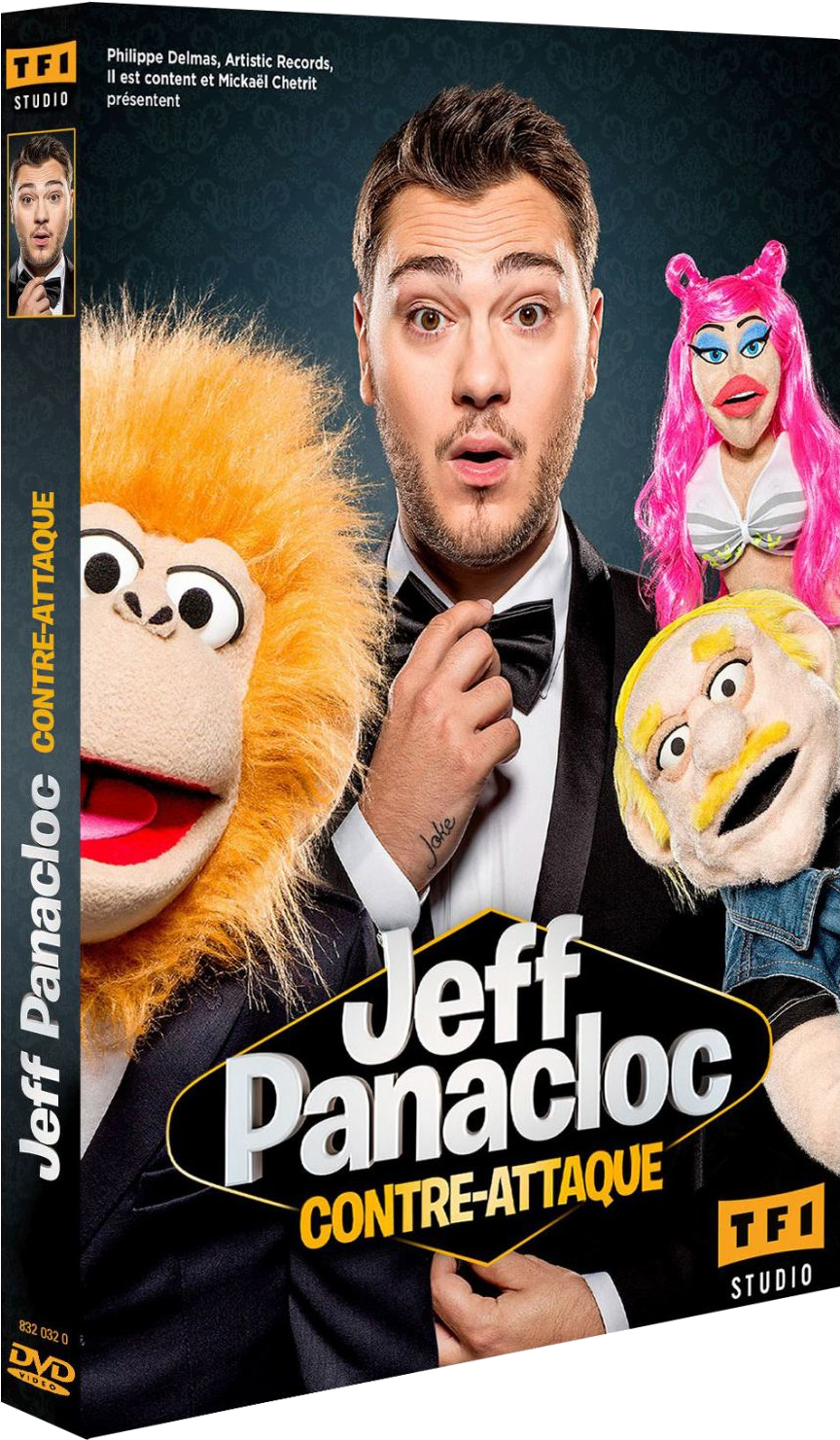 A DVD box with a man and puppets on the cover, and a white background.