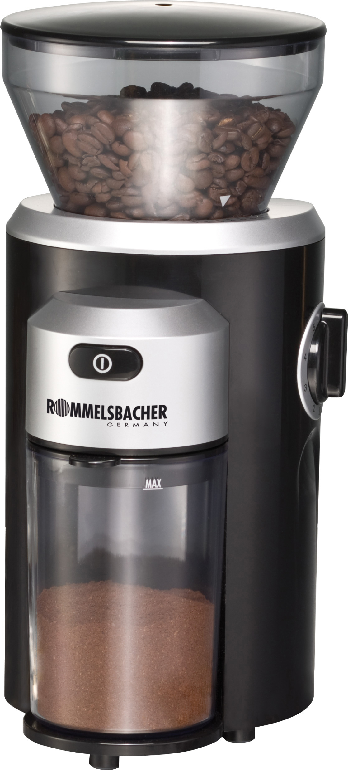 Schwarz-silberne Rommelsbacher Kaffeemühle mit Bohnen und Kaffeepulver.