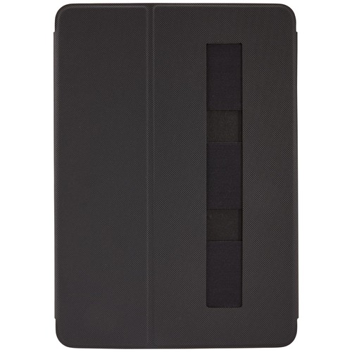 Black tablet case with a cover. A black strap inside the case.
