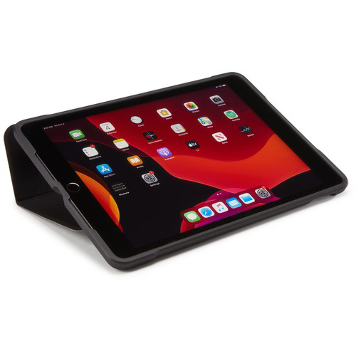 iPad in a black case, angled view, showing the screen.