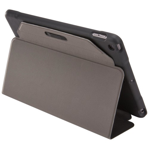 Tablet in a gray case, angled to show the screen and the back side of the case.