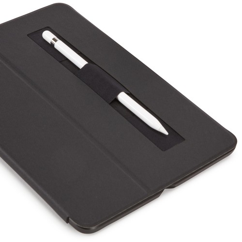 Black tablet case, with a white stylus. The case is open, showing a groove to hold the pen.