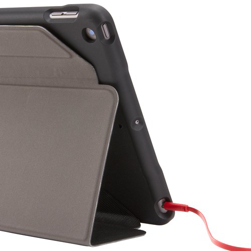 iPad in a case, slightly angled. Red wire is plugged into the device. The cover is open.
